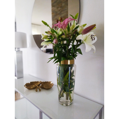 Skleněná váza čirá, zlatý lem